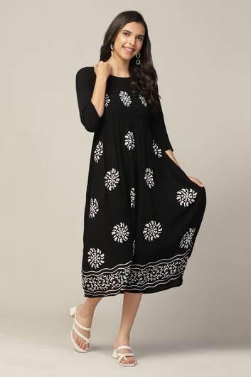 Womens Black Viscose Rayon Printed Calf Length Dress