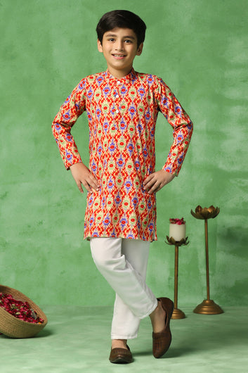 Boys Red Cotton Blend Ajrakh Printed Straight Kurta With Payjama Set