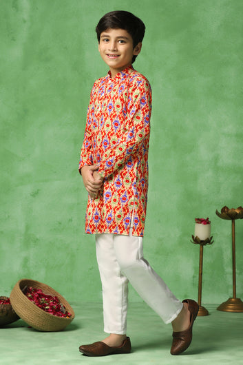 Boys Red Cotton Blend Ajrakh Printed Straight Kurta With Payjama Set