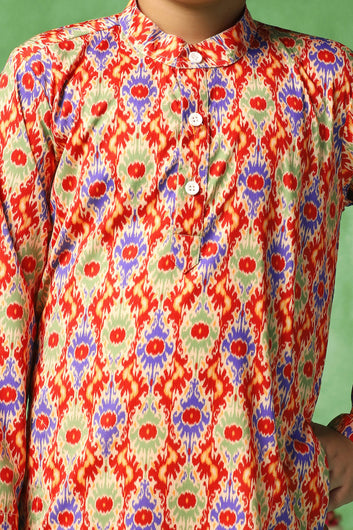 Boys Red Cotton Blend Ajrakh Printed Straight Kurta With Payjama Set