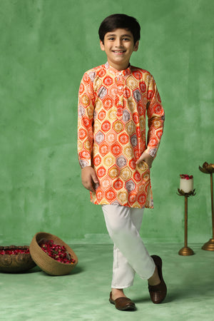 Boys Multicolor Cotton Blend Ajrakh Printed Straight Kurta With Payjama Set