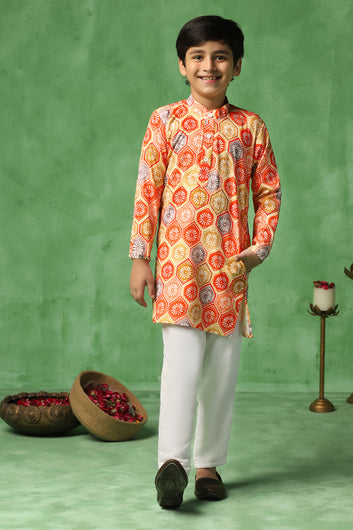 Boys Multicolor Cotton Blend Ajrakh Printed Straight Kurta With Payjama Set