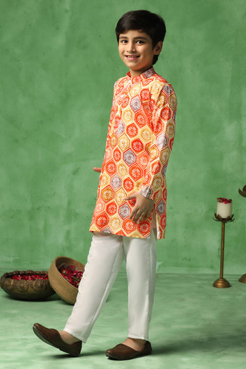 Boys Multicolor Cotton Blend Ajrakh Printed Straight Kurta With Payjama Set