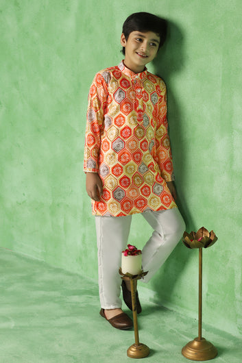 Boys Multicolor Cotton Blend Ajrakh Printed Straight Kurta With Payjama Set