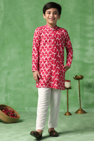 Boys Maroon Cotton Blend Digital Geometric Printed Straight Kurta With Payjama Set