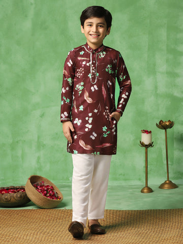 Boys Coffee Muslin Leaf Printed Straight Kurta With Payjama Set