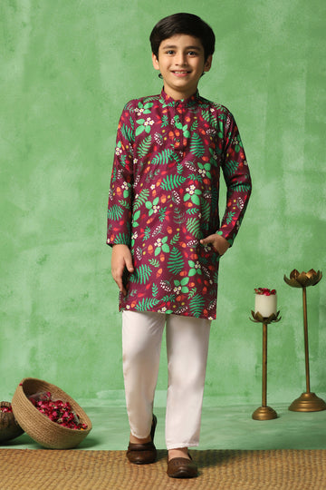 Boys Brown Muslin Leaf Printed Straight Kurta With Payjama Set