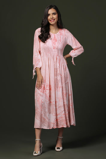 Womens Light Peach Viscose Rayon Tie & Dye Printed Calf Length Dress