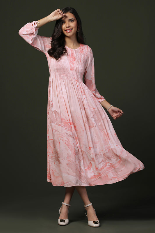 Womens Light Peach Viscose Rayon Tie & Dye Printed Calf Length Dress