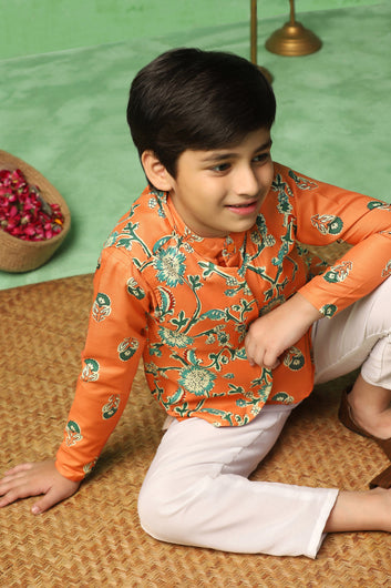 Boys Orange Cotton Blend Floral Printed Straight Kurta And Jacket With Payjama Set