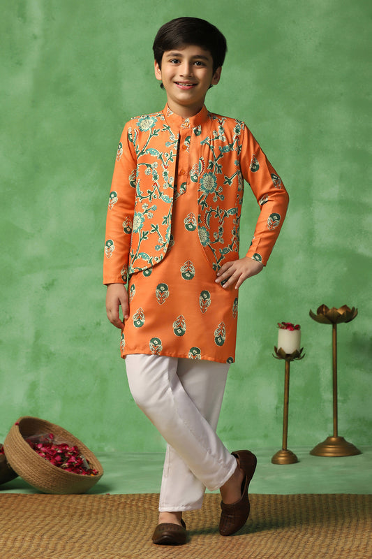 Boys Orange Cotton Blend Floral Printed Straight Kurta And Jacket With Payjama Set