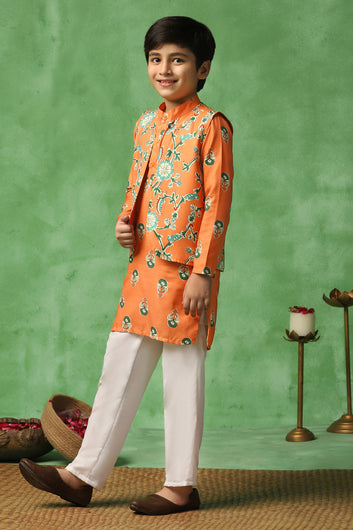 Boys Orange Cotton Blend Floral Printed Straight Kurta And Jacket With Payjama Set