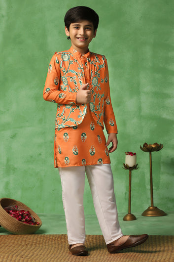 Boys Orange Cotton Blend Floral Printed Straight Kurta And Jacket With Payjama Set