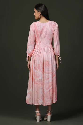 Womens Light Peach Viscose Rayon Tie & Dye Printed Calf Length Dress