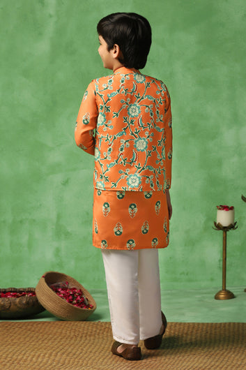 Boys Orange Cotton Blend Floral Printed Straight Kurta And Jacket With Payjama Set