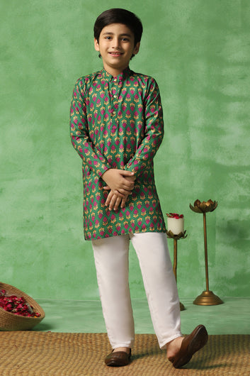 Boys Green Cotton Blend Printed Straight Kurta And Jacket With Payjama Set