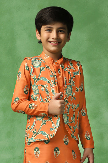 Boys Orange Cotton Blend Floral Printed Straight Kurta And Jacket With Payjama Set