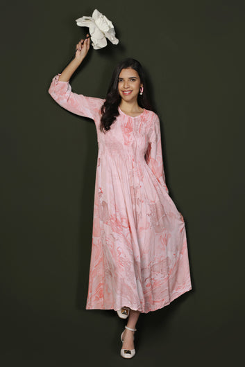 Womens Light Peach Viscose Rayon Tie & Dye Printed Calf Length Dress