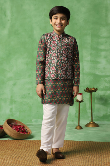 Boys Green Cotton Blend Printed Straight Kurta And Jacket With Payjama Set