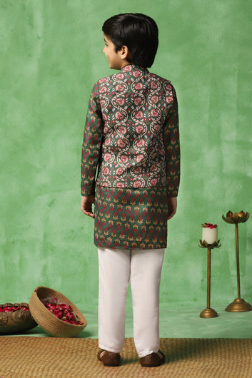 Boys Green Cotton Blend Printed Straight Kurta And Jacket With Payjama Set