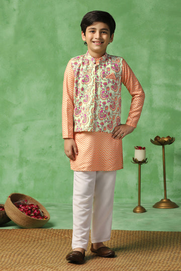Boys Orange Cotton Blend Printed Straight Kurta And Jacket With Payjama Set