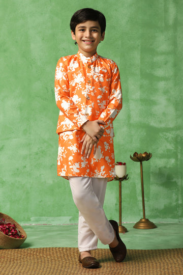 Boys Orange Cotton Blend Floral Printed Straight Kurta And Jacket With Payjama Set