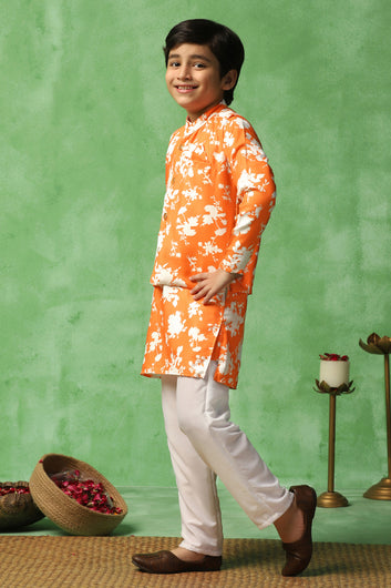 Boys Orange Cotton Blend Floral Printed Straight Kurta And Jacket With Payjama Set