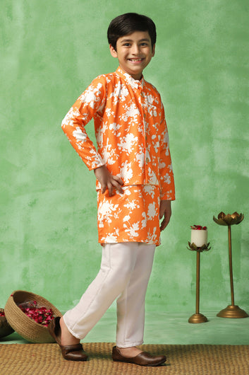 Boys Orange Cotton Blend Floral Printed Straight Kurta And Jacket With Payjama Set