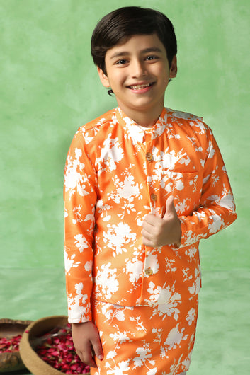 Boys Orange Cotton Blend Floral Printed Straight Kurta And Jacket With Payjama Set