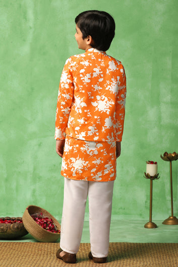 Boys Orange Cotton Blend Floral Printed Straight Kurta And Jacket With Payjama Set