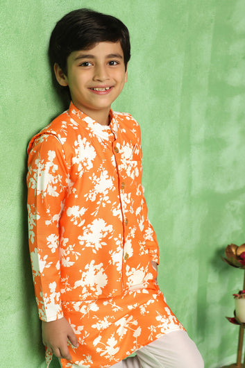 Boys Orange Cotton Blend Floral Printed Straight Kurta And Jacket With Payjama Set