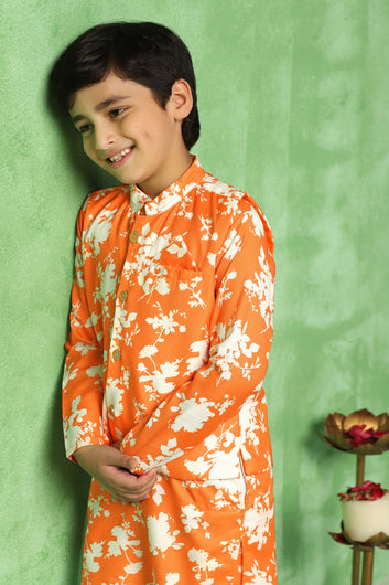 Boys Orange Cotton Blend Floral Printed Straight Kurta And Jacket With Payjama Set