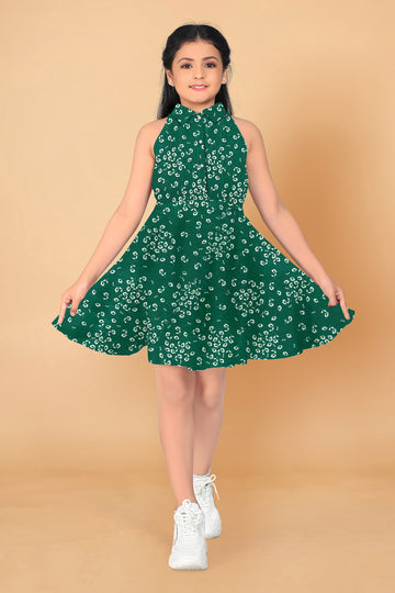 Girls Green Rayon Floral Printed Knee Length Dress