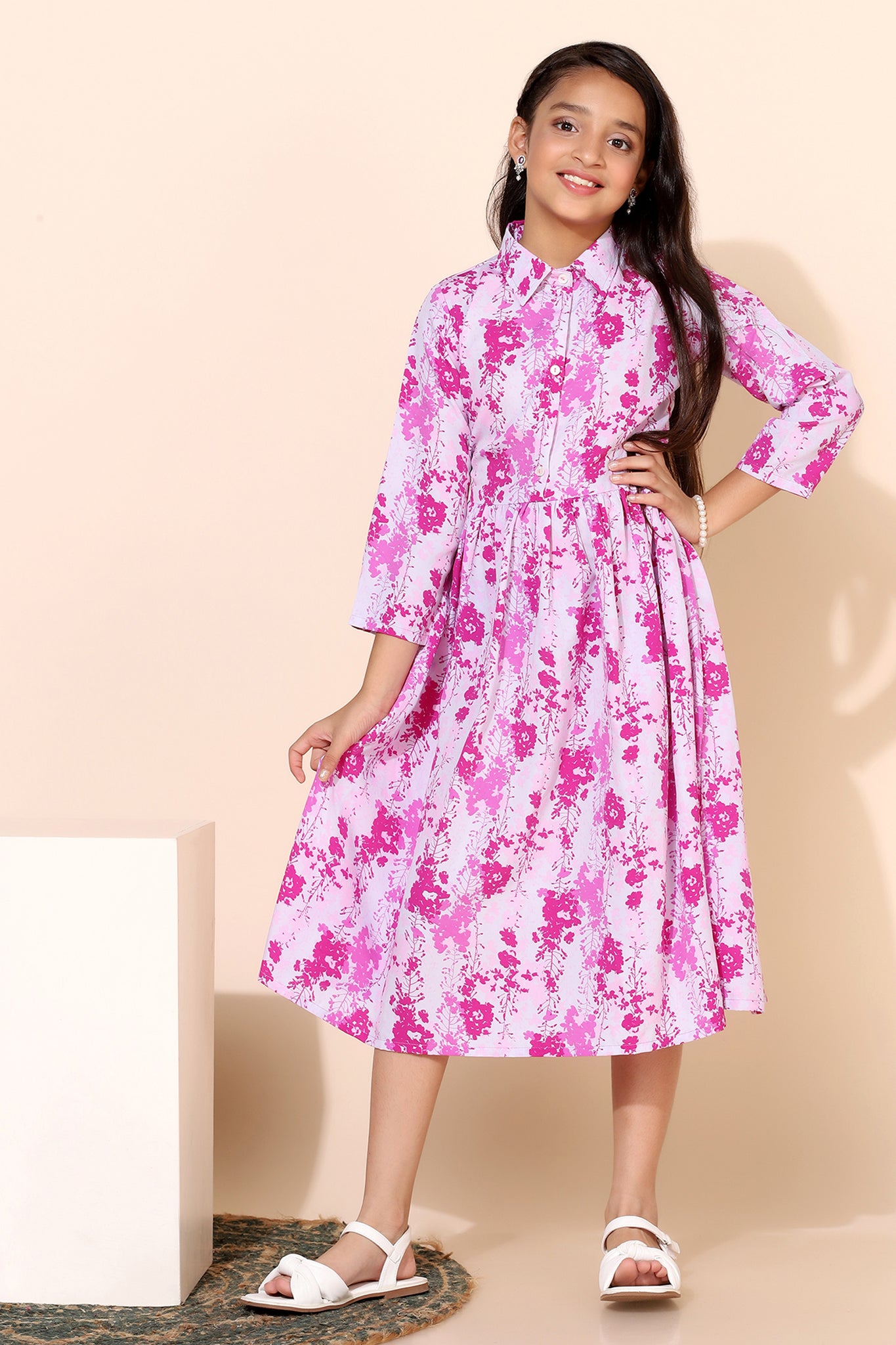 Girls Pink Floral Printed Shirt Style Fit And Flare Dresses