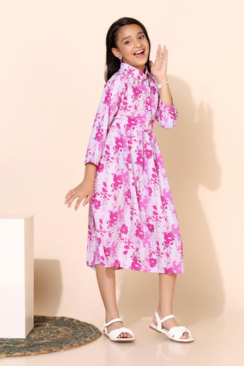 Girls Pink Floral Printed Shirt Style Fit And Flare Dresses