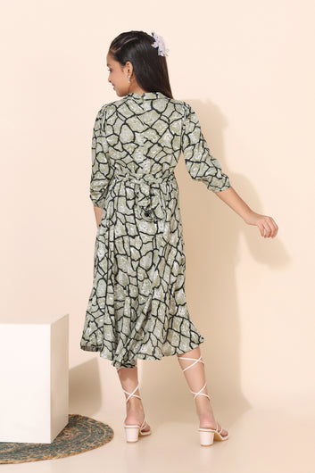 Girls Green Animal Printed A-Line Slit Dresses