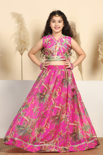 Girls Pink Crepe Silk Animal Printed Lehenga Choli