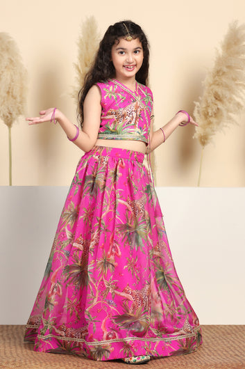 Girls Pink Crepe Silk Animal Printed Lehenga Choli