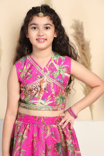 Girls Pink Crepe Silk Animal Printed Lehenga Choli