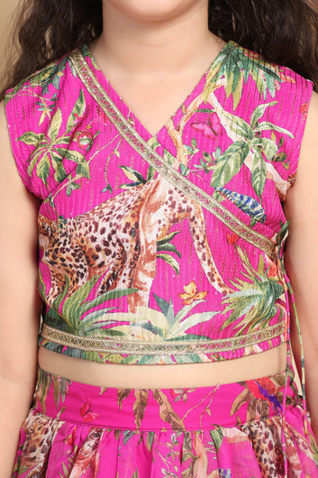 Girls Pink Crepe Silk Animal Printed Lehenga Choli