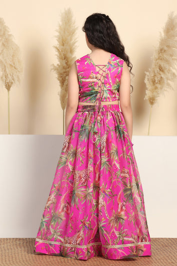 Girls Pink Crepe Silk Animal Printed Lehenga Choli