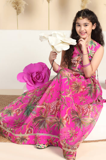 Girls Pink Crepe Silk Animal Printed Lehenga Choli