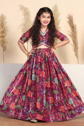 Girls Maroon Georgette Floral Printed Readymade Lehenga With Choli Set