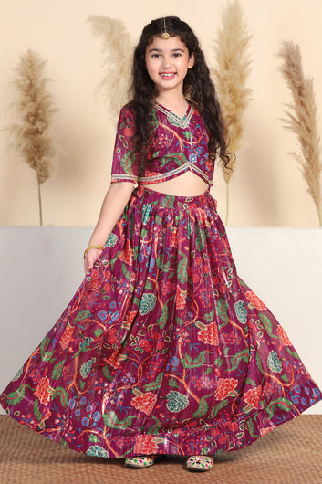 Girls Maroon Georgette Floral Printed Readymade Lehenga With Choli Set