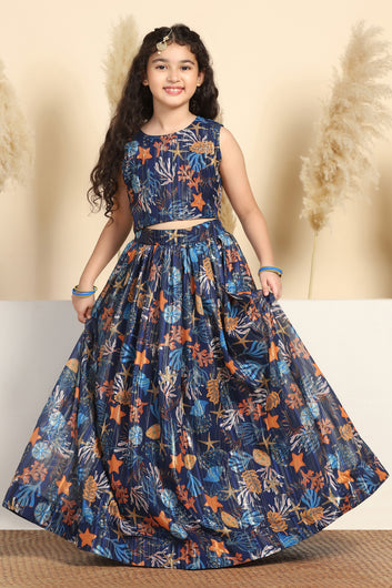 Girls Blue Georgette Floral Printed Readymade Lehenga With Choli Set