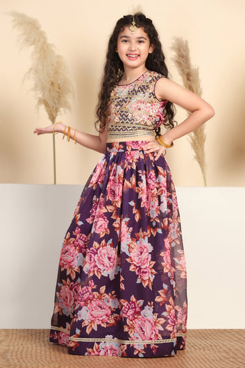 Girls Voilet Tabby Organza Floral Printed Lehenga With Choli Set