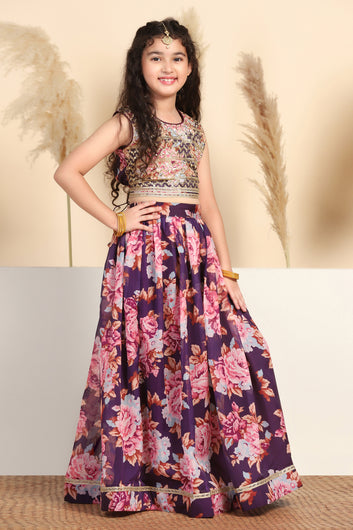 Girls Voilet Tabby Organza Floral Printed Lehenga With Choli Set