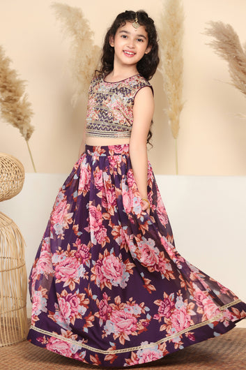 Girls Voilet Tabby Organza Floral Printed Lehenga With Choli Set