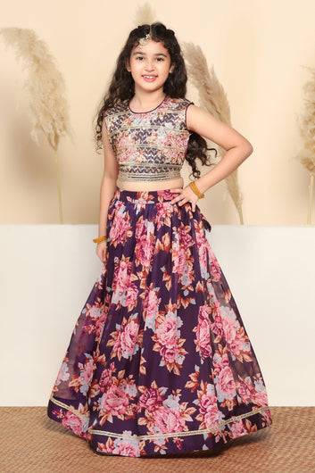 Girls Voilet Tabby Organza Floral Printed Lehenga With Choli Set