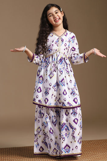 Girls White Cotton Blend Ajrakh Printed Empire Waist Kurta With Sharara Set